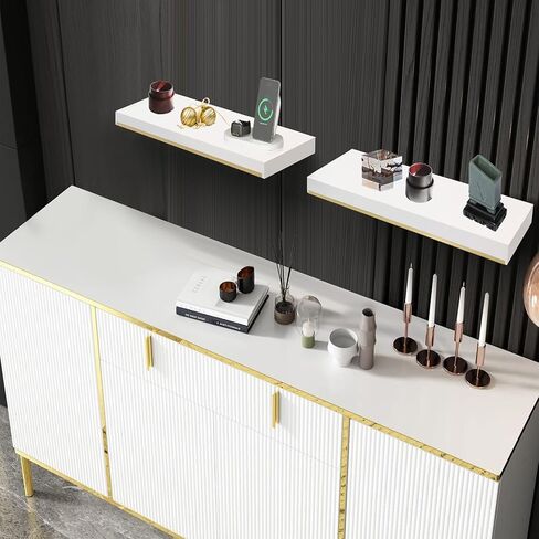 Thicked 1.78 inch Pine Wood White Gold Shelves with Thicked 1/5 Inch Heavy Duty Bracket,16 ×6.5 Inch Gold Floating Shelves with Stainless Steel Trim Strip,White Gold Shelves for Wall set of 2 in Saudi Arabia
