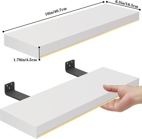Thicked 1.78 inch Pine Wood White Gold Shelves with Thicked 1/5 Inch Heavy Duty Bracket,16 ×6.5 Inch Gold Floating Shelves with Stainless Steel Trim Strip,White Gold Shelves for Wall set of 2 in Saudi Arabia