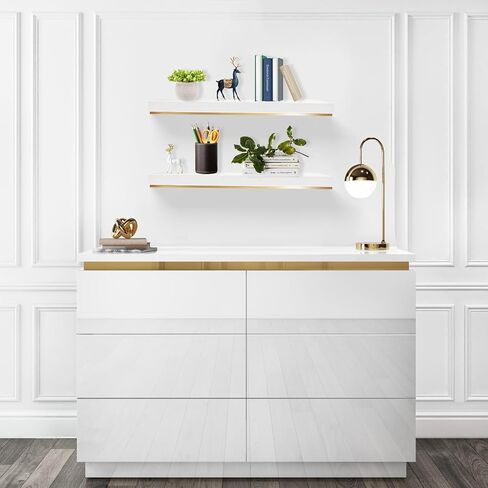 Thicked 1.78 inch Pine Wood White Gold Shelves with Thicked 1/5 Inch Heavy Duty Bracket,16 ×6.5 Inch Gold Floating Shelves with Stainless Steel Trim Strip,White Gold Shelves for Wall set of 2 in Saudi Arabia