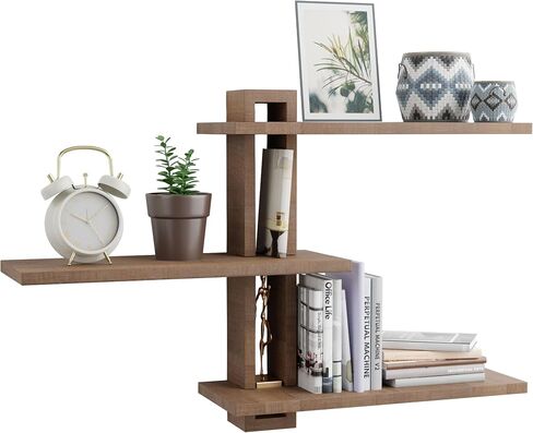 3 Tier Pine Wood Adjustable Wall Shelves, Shelving Wall Mounted for Storage, Rustic Shelves for Wall Display, Decorative Farmhouse Floating Shelf for Living Room, Bedroom, Kitchen, Office, Dark Brown in Saudi Arabia