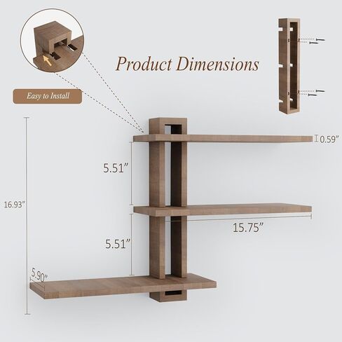 3 Tier Pine Wood Adjustable Wall Shelves, Shelving Wall Mounted for Storage, Rustic Shelves for Wall Display, Decorative Farmhouse Floating Shelf for Living Room, Bedroom, Kitchen, Office, Dark Brown in Saudi Arabia