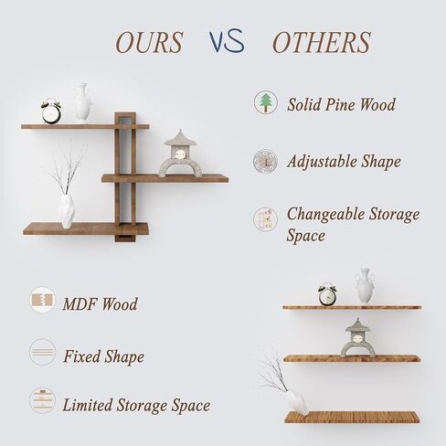 3 Tier Pine Wood Adjustable Wall Shelves, Shelving Wall Mounted for Storage, Rustic Shelves for Wall Display, Decorative Farmhouse Floating Shelf for Living Room, Bedroom, Kitchen, Office, Dark Brown in Saudi Arabia