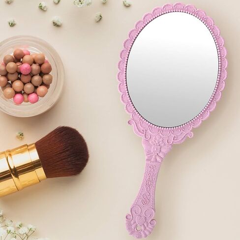 D&XQAUO Vintage Pink Hand Mirror with Handle - Handheld Small Hand Mirror for Boudoir Props, Ideal Toddler Mirror with Antique Finish and Elegant Handle (Pink) in Saudi Arabia