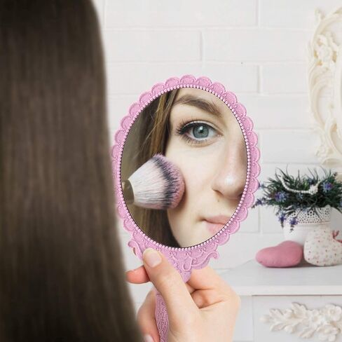 D&XQAUO Vintage Pink Hand Mirror with Handle - Handheld Small Hand Mirror for Boudoir Props, Ideal Toddler Mirror with Antique Finish and Elegant Handle (Pink) in Saudi Arabia
