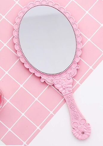 D&XQAUO Vintage Pink Hand Mirror with Handle - Handheld Small Hand Mirror for Boudoir Props, Ideal Toddler Mirror with Antique Finish and Elegant Handle (Pink) in Saudi Arabia