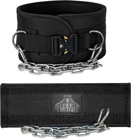 Bear Grips Dip Belt for Weight Lifting, Weight Belt for Pull Ups, Weighted Dip Belt, Weightlifting Belt for Chin Ups, With Steel Chain, 8mm Padded Support, Traditional, Plastic or Metal Buckle - Black in Saudi Arabia