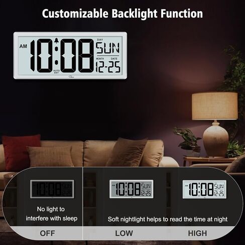 WallarGe Backlight Digital Wall Clock Battery Operated - with Temperature and Date 14.5'' Large Digital Wall Clock, Easy to Read and Set, Auto DST in Saudi Arabia