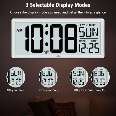 WallarGe Backlight Digital Wall Clock Battery Operated - with Temperature and Date 14.5'' Large Digital Wall Clock, Easy to Read and Set, Auto DST in Saudi Arabia