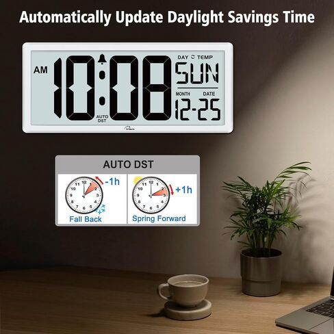 WallarGe Backlight Digital Wall Clock Battery Operated - with Temperature and Date 14.5'' Large Digital Wall Clock, Easy to Read and Set, Auto DST in Saudi Arabia