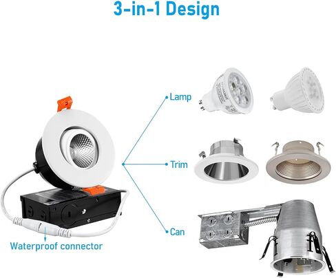 TORCHSTAR 3 Inch Gimbal LED Recessed Light with Junction Box, CRI 90+ Dimmable Swivel Adjustable Eyeball Downlight, 7W (50W Eqv.), Canless LED Ceiling Light, 3000K Warm White, White, Pack of 6 in Saudi Arabia