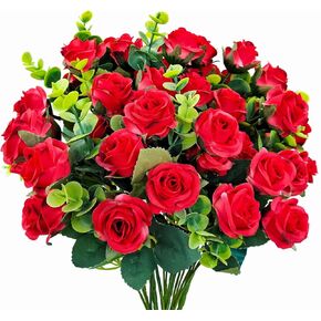 6 Bundles 60 Heads Artificial Silk Rose Flowers with Fake Eucalyptus Leaves Floral for Wedding Centerpieces Bouquet Home Arrangements Valentine's Day Indoor Vase Table Decorations (Red)