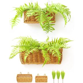ANZOME Artificial Hanging Plant, Boho Style Hand-Woven Wall Hanging Basket with Fake Fern- Set of 2, Ideal for Indoor Outdoor Wall Home Room Garden Wedding Decoration(Basket Included)
