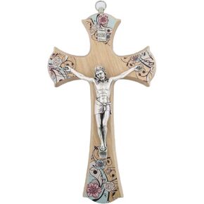 Wooden Crucifix with Floral Accents | A Great Gift for First Communion, Confirmation, Mother's Day | 8 x 4.5 inches | Christian Home Goods Made in Italy