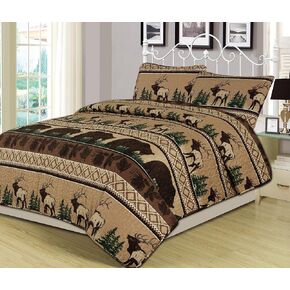 Bear Mountain 3-Piece Quilt Set Featuring Bear Elk Log Cabin Lodge Rustic, Queen, Brown