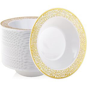 JOLLY PARTY 60 Disposable Gold Plastic Dessert Bowls, 12 oz Soup Bowls, Gold Lace Christmas Thanksgiving Trim, Premium Heavy Duty Plastic Plates for Wedding/Party (Gold)