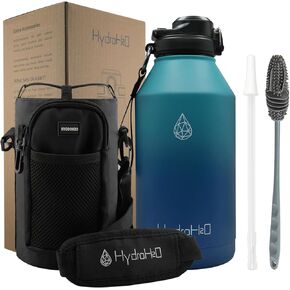 64 oz Insulated Water Bottle With Straw Pop-up & Auto Spout Lid, Flex Handel, Waterbottle Strap Carrier, Half Gallon Stainless Steel Water Hydro Jug Thermo Flask (Black)
