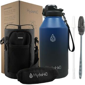 64 oz Insulated Water Bottle With Straw Pop-up & Auto Spout Lid, Flex Handel, Waterbottle Strap Carrier, Half Gallon Stainless Steel Water Hydro Jug Thermo Flask (Black)