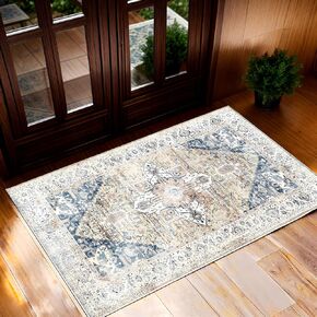Area Rug 2x3 Washable Non Slip Taupe Rug Doorway Entrance Throw Rugs with Rubber Backing Floral Print Vintage Distressed Door Mat Rug for Bathroom Bedside Living Room Kitchen (C05, 2'x3')