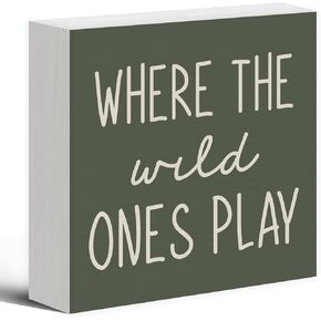 Where The Wild Ones Play Wood Box Sign Desk Decor, Nursery Kids Room Wooden Block Sign Decorations for Playroom Toddler Boys Girls Room Wall Tabletop Shelf Decor Baby Shower Gifts for Newborn