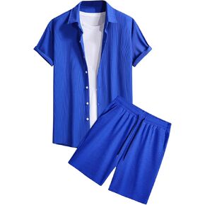 OYOANGLE Men's 2 Piece Outfits Textured Short Sleeve Button Down Shirts and Drawstring Waist Shorts Set