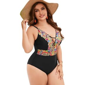 WDIRARA Women's Plus Size Floral Print Cut Out Swimwear Backless Onepiece Swimsuit