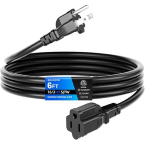 10 FT Outdoor Extension Cord Waterproof, Black, 3-Prong Power Cord, 16 AWG SJTW, 13A 1625W, Grounded, General Purpose Long Extension Cord for Lawn & Garden, ETL Listed