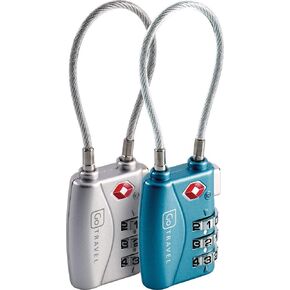 Go Travel TSA Combi Cable Padlocks, 3-Dial Design Combination Lock, TSA Approved Locks for Luggage, Travel Essentials, Silver and Blue, Twin Pack