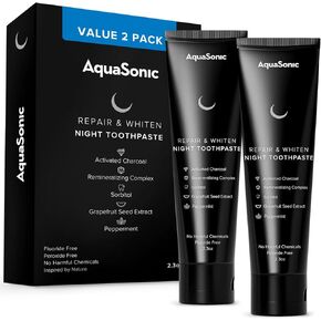AquaSonic 2-Pack of Repair & Whiten Night Toothpaste | Strengthen & Harden Tooth Enamel | Activated Charcoal Detoxifies Mouth & Freshens Breath | Fluoride-Free, Peroxide-Free, Whitening Formula