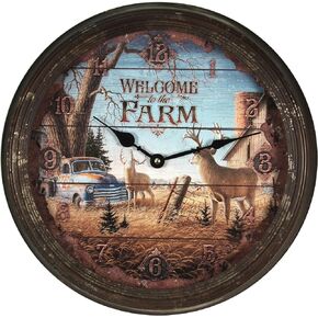 Rivers Edge Products 15 Inch Large Wall Clock, Distressed Analog Clock with Tin Frame, Rustic Wall Clock for Bedroom, Living Room, Bathroom, Kitchen, Office, or Cabin Decor, Deer Scene