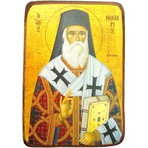 Wooden Greek Christian Orthodox Wood Icon of Saint Nectarios of Aegina / A0