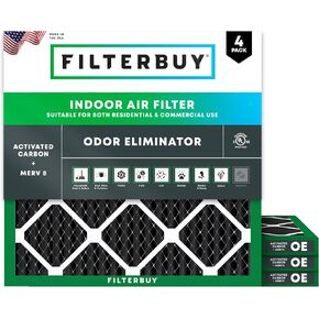 Filterbuy 14x14x1 Air Filter MERV 8 Odor Eliminator (4-Pack), Pleated HVAC AC Furnace Air Filters Replacement with Activated Carbon (Actual Size: 13.75 x 13.75 x 0.75 Inches)