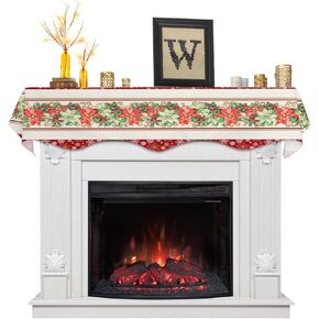 Chritmas Fireplace Mantel Scarf, Christmas Snowman Tree Elk Snowflake Red Plaid Retro Linen Fireplace Scarf Cover Mantle Shelf Top Scarf Runner Fireplace Decoration for Christmas Party, 60x17in