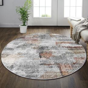 Washable Rug, Ultra Soft - 4' Round Rug, Non Slip Abstract Rug Foldable, Stain Resistant Rugs for Living Room Bedroom, Modern Fuzzy Rug (Gray/Rust, 4 Round)