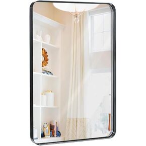 Hamilton Hills 24" x 36" Contemporary Metal Silver Framed Polished Rectangular Wall Mirror | Glass Panel Rounded Corner Deep Set Design |Bedroom, Bathroom Mirrored Hangs Horizontal or Vertical