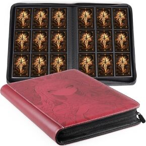 9 Pocket Trading Card Binder for 360 Side Loading Cards, Fixed Page Card Album with Zipper for Standard Size Trading Cards,Anime Red