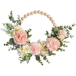 13 inch Wood Beads Floral Wreath Artificial Peony Flower Vine Wreath, All Seasons Farmhouse Hanging Wall Hoop Garland for Wedding Front Door Porch Decor Boho Wreath, Pink Peony