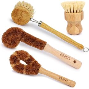 Natural Kitchen Brush Bamboo Dish Scrub Brush, Ezeso Cleaning Brush Set 4 Piece, Wooden Pot Cleaning Brush Bottle Brush