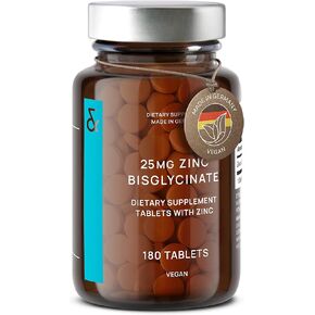 CLAV® Zinc Bisglycinate 25mg - 180 Tablets (6 Months Supply) - Natural Chelated Zinc Supplement - Vegan Zinc Glycinate for Immune & Skin Support