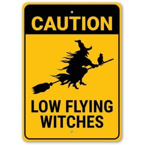 New Metal Tin Sign Caution Low Flying Witches Metal Tin Sign for Wall Decor 8x12 Inch