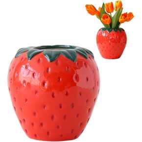 Vintage Strawberry Ceramic Vase, Decorative Ceramic Vase Unique Home Decoration Vase Ornament for Danish Pastel Room Trendy Unique Home Kitchen Garden Office Accent Decor Decorations Gifts (RED)