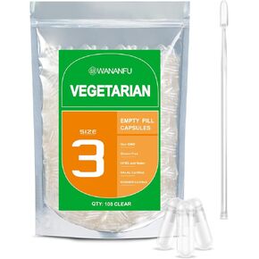 wananfu Size 3 Empty Capsules Vegetarian (100 Count) Bundle with 2 Micro Lab Spoons, Clear Fillable Veggie Pill Capsules Size 3 for Making Your Own Supplements