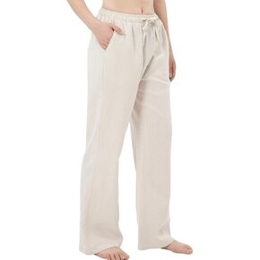 Bonnorth Women's Cotton Linen Elastic Drawstring Waist Loose Wide Leg Solid Pants with Pockets