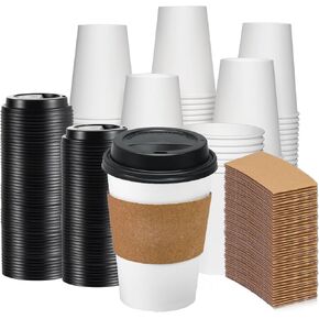 100 Pack 12 oz Disposable Coffee Cups with Lids and Sleeves, 12 oz Leak-Proof To Go Coffee Cups with Lids, Sturdy White Disposable Cups with Lids Paper Cups for Hot and Cold Drinks