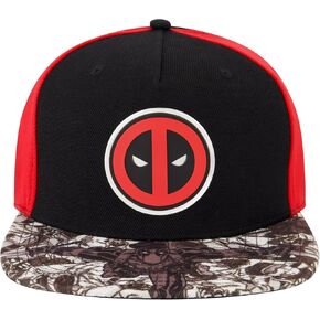 Marvel Deadpool Baseball Hat, Face Logo Adjustable Flat Brim Snapback Hat, Black, One Size