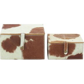 Deco 79 Leather Handmade Decorative Box Decorative Keepsake Boxes with Hinged Lid, Set of 2 Storage Boxes 8", 10"W, Brown