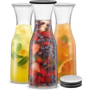 إبريق زجاجي من JoyJolt مع أغطية. 3 أباريق لقالب الميموزا بسعة 36 أونصة. 6 اغطية! ديكورات الغداء، إبريق ماء بجانب السرير، حاوية عصير البرتقال، مشروبات تقديم الطعام وحفلات الأباريق