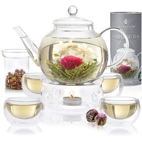 Teabloom Complete Tea Set – Glass Teapot (40 oz), Loose Tea Glass Infuser, 4 Insulated Glass Teacups, Tea Warmer, and 12 Flowering Teas – Elegant Blooming Tea Gift Set