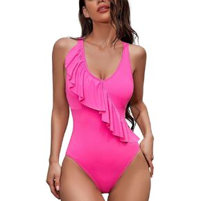 QINSEN Womens Sexy V Neck Ruffle Swimsuit Tummy Control Cheeky Thong One Piece Bathing Suit