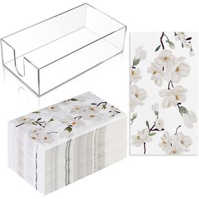 Outus 100 Pcs Paper Guest Towels with Acrylic Napkin Holder, Disposable Bathroom Paper Towels Floral White Magnolia Hand Napkins with Tray for Bathroom Powder Room Guest Room Party Decor