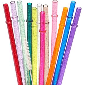 Dakoufish 11 Inch Reusable Tritan Plastic Straws, Replacement Glitter Sparkle Drinking Straws for 24 oz-40 oz Mason Jars/Tumblers,Dishwasher safe,Set of 12 with Cleaning Brush(12color,11inch)